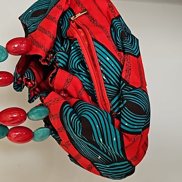 African tribal print bag beaded red and turquoise - Picture 8 of 13